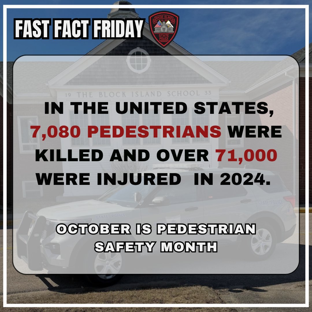 RIStatePolice's tweet photo. October is pedestrian safety month. As a reminder, pedestrians always have the right of way in a crosswalk; always be prepared to stop to allow them to cross safely. #AlwaysThere https://t.co/c8IsvESaND