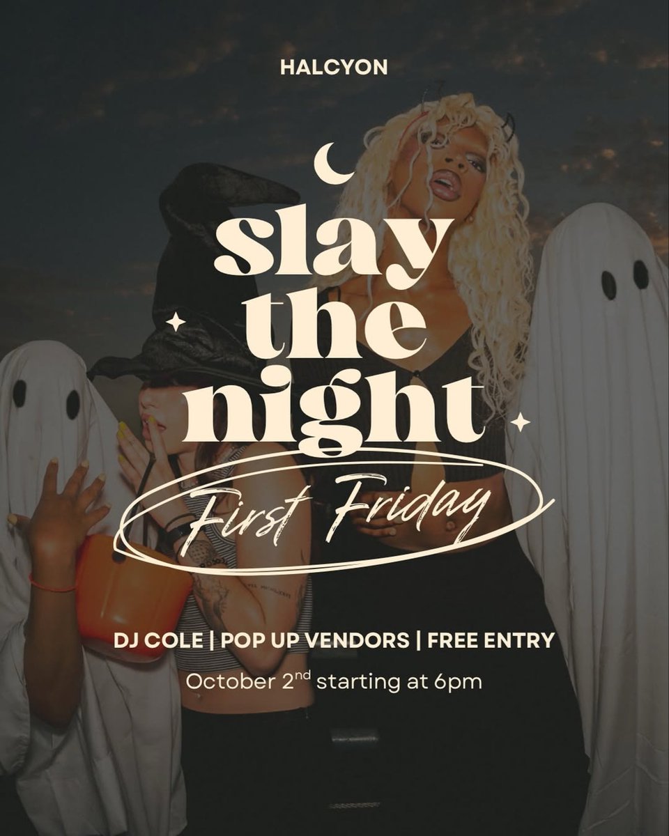 BlueStarComplex's tweet photo. Come by Halcyon tonight during First Friday for Slay The Night with DJ Cole &amp; Pop Up Vendors! Starts at 6pm! 🌙 https://t.co/otw5GixzZ2
