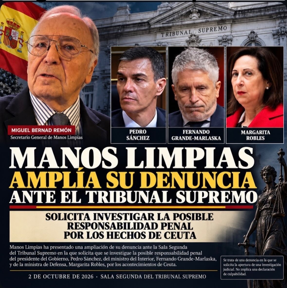ResisteFerraz's tweet photo. 🚨‼️MANOS LIMPIAS amplía su denuncia ante el Tribunal Supremo, solicita investigar la posible responsabilidad penal de Pedro Sánchez, Marlaska y Margarita Robles por los hechos de Ceuta. https://t.co/smB5WMXCyr