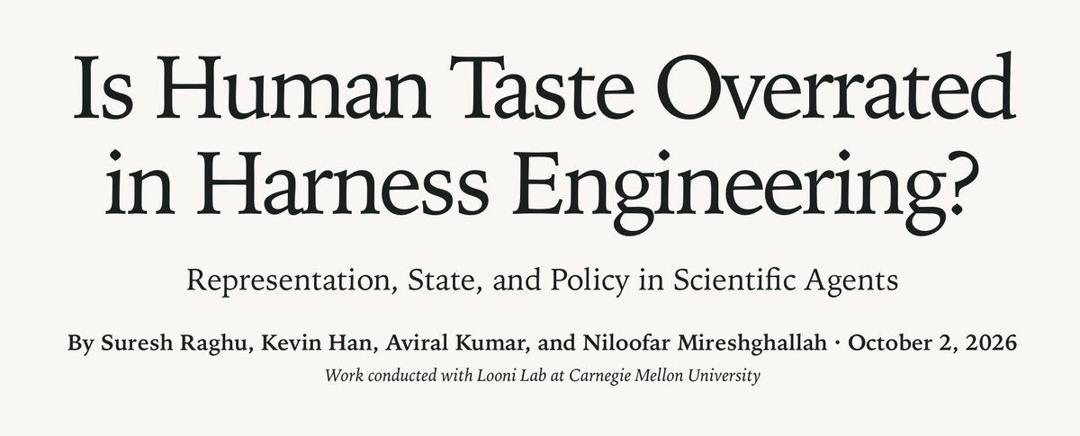 niloofar_mire's tweet photo. One of the pivots I did over a year ago when I started as Faculty @LTIatCMU and @CMUEngineering was towards AI for Molecule Design and Drug Discovery, and today we are releasing a blog post + our @PrimeIntellect and @harborframework environments for our benchmark SMDD!

We find that: 1) Harness optimization can go a super long way in scientific tasks, and we are still heavily bottlenecked by the model capabilities rather than the knowledge, 2) Automating the harness optimization can work on some cases and not others!

Amazing work led by @SureshRaghu07, w/ @KevinH1119568 and @aviral_kumar2