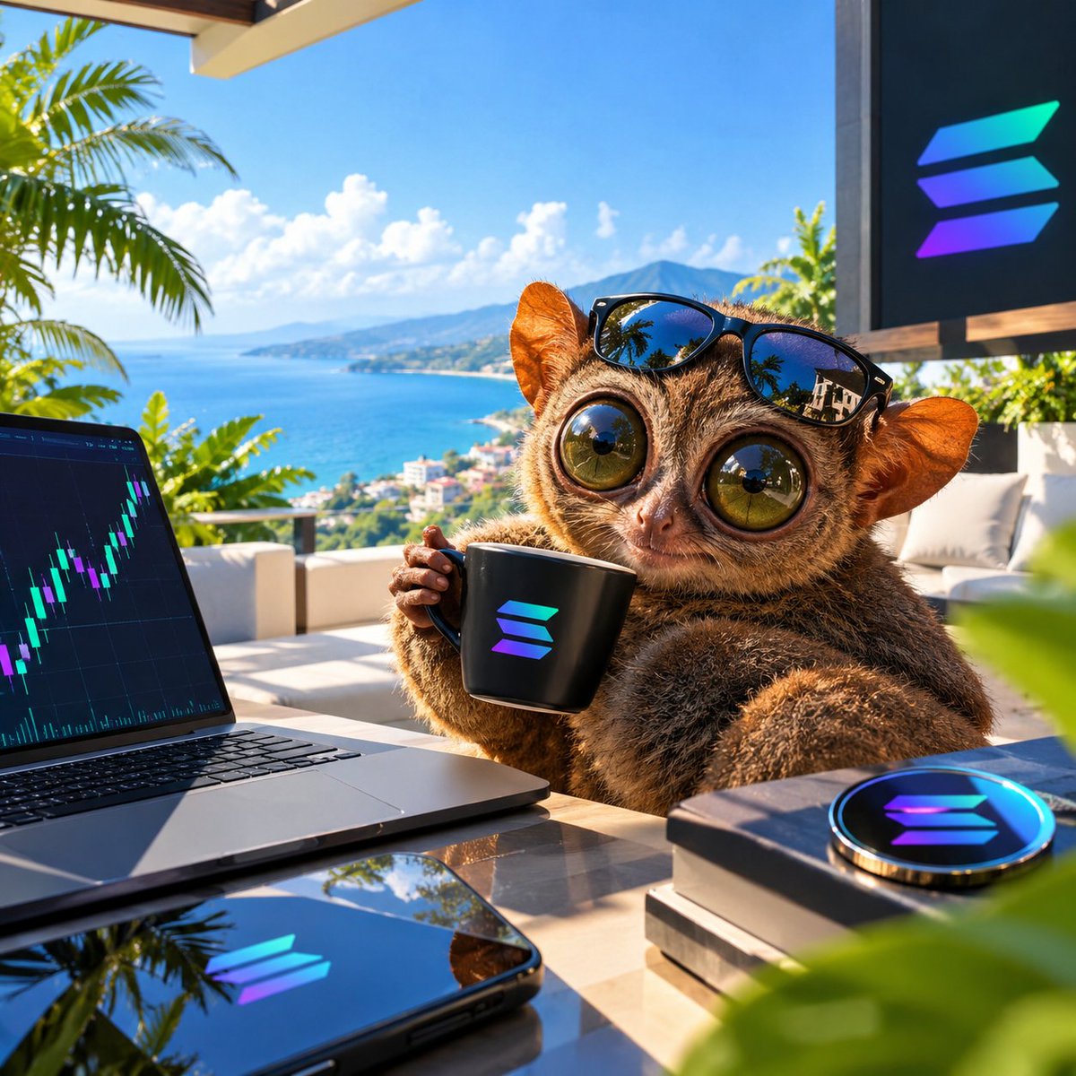 LeapTarsier's tweet photo. Weekend on Solana hits different.

Charts move.
Memes hit harder.
Tarsiers don’t blink.

GM if you’re still around. ☕🐒 https://t.co/neDgxY5iAe