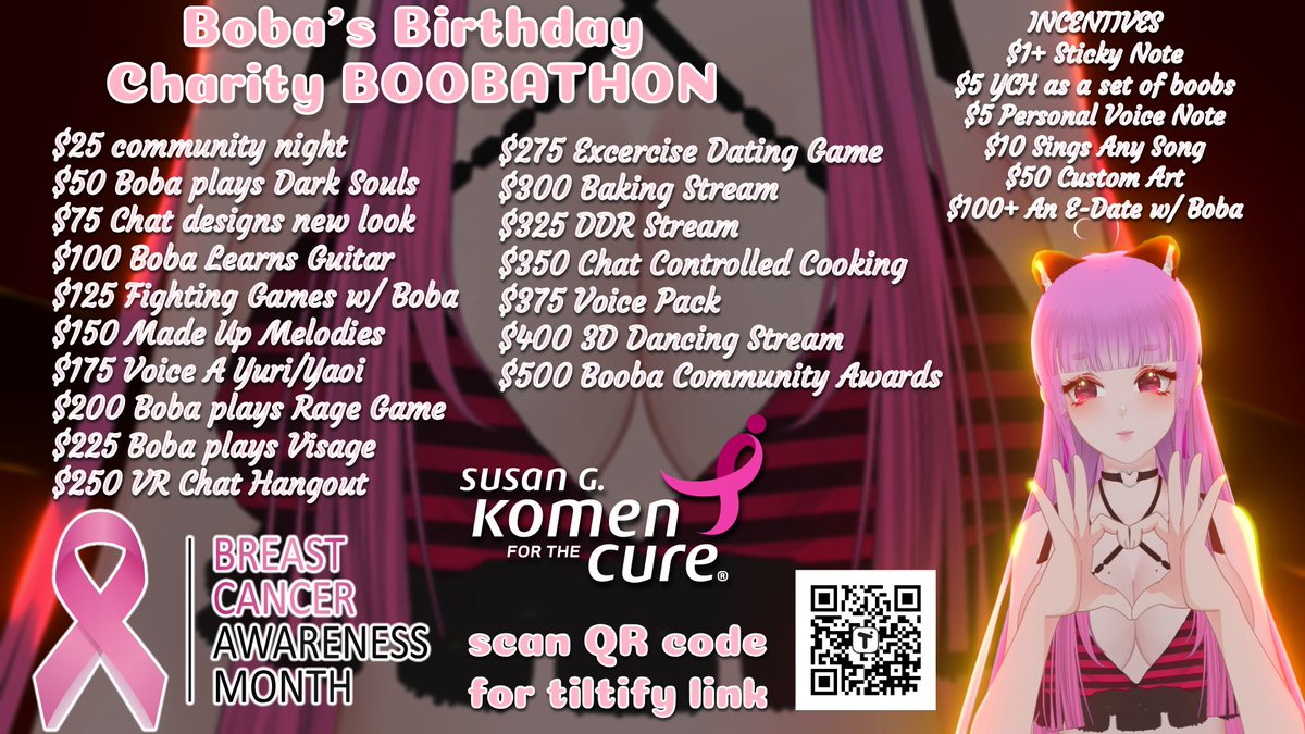 Bobapeachtea's tweet photo. Hi  breasties 
It's spooky season , but also breast cancer awereness month. 🎀
That being as commander in chief of the booba brigade said i will be doing a month long boobathon for the susan g. Komen foundation.
We will do collabs with homies i love all month long<3 https://t.co/ZpHms6YQYp