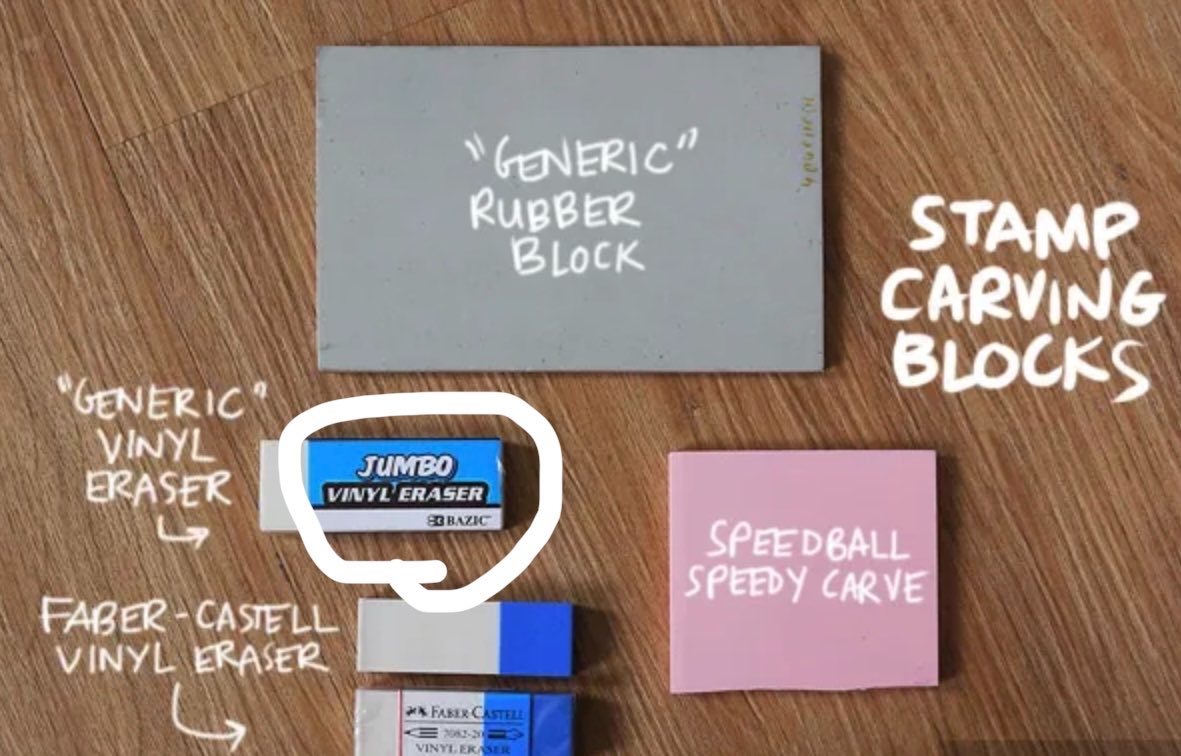 nessaxcita's tweet photo. Hi guys! Time to introduce ourselves to the basic beginner tools!
Must haves:
1. Speedball linoleum cutter (all-in-one carving tool)
2. An eraser
3. A pencil
4. Ink (pad or tube)
And go!
#printmakingtools #stampmaking #letusbegin 👏🏼 @CM320Class https://t.co/MEm1wMgNX8