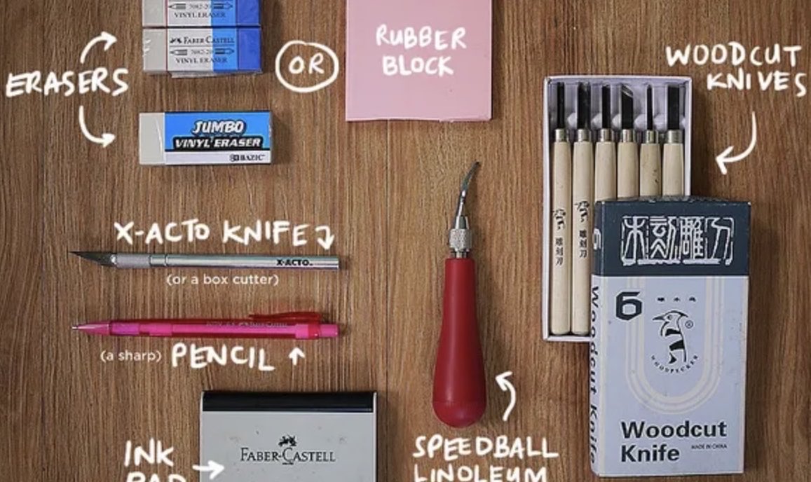 nessaxcita's tweet photo. Hi guys! Time to introduce ourselves to the basic beginner tools!
Must haves:
1. Speedball linoleum cutter (all-in-one carving tool)
2. An eraser
3. A pencil
4. Ink (pad or tube)
And go!
#printmakingtools #stampmaking #letusbegin 👏🏼 @CM320Class https://t.co/MEm1wMgNX8