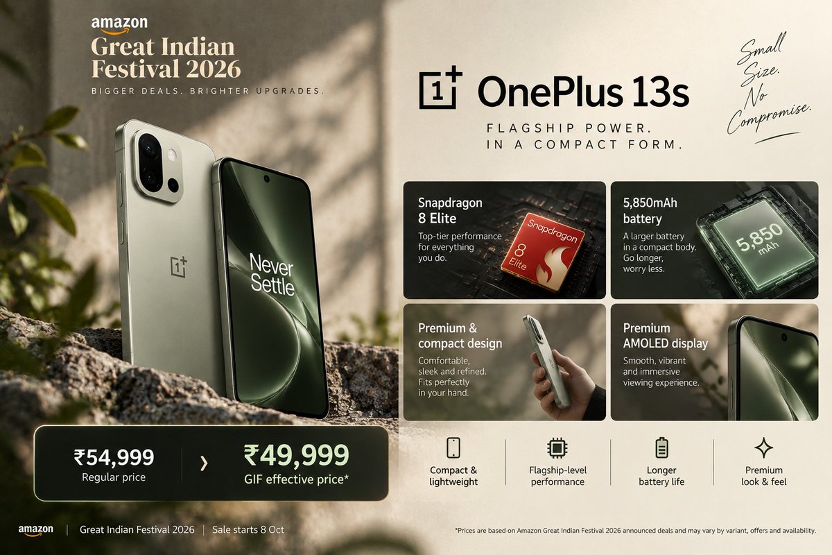 amadcap26's tweet photo. Amazon Great Indian Festival 2026 📱
If you're looking for a phone in the ₹40–50K segment, these are the ones I'd keep an eye on this sale:
🟢 OnePlus 13s 
🔥 iQOO 15R
🔋 OnePlus Nord 6

#AmazonGreatIndianFestival #AmazonGIF #Smartphones #OnePlus #iQOO #Samsung #TechIndia https://t.co/KF8Dpg6hNU