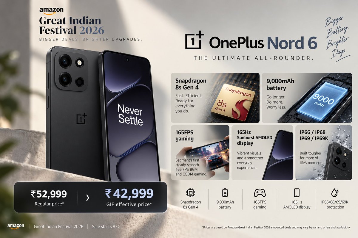 amadcap26's tweet photo. Amazon Great Indian Festival 2026 📱
If you're looking for a phone in the ₹40–50K segment, these are the ones I'd keep an eye on this sale:
🟢 OnePlus 13s 
🔥 iQOO 15R
🔋 OnePlus Nord 6

#AmazonGreatIndianFestival #AmazonGIF #Smartphones #OnePlus #iQOO #Samsung #TechIndia https://t.co/KF8Dpg6hNU