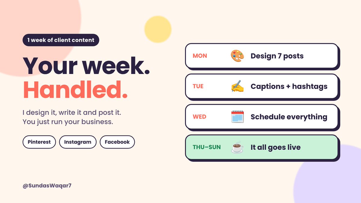 SundasWaqar7's tweet photo. What one week of client content looks like 👇

🎨 Monday: design 7 posts
✍️ Tuesday: captions + hashtags
🗓️ Wednesday: schedule everything
☕ Rest of the week: they run their business, I handle the rest

#ContentCreator #SocialMediaManager #SmallBusiness https://t.co/BnAsLYIN8N