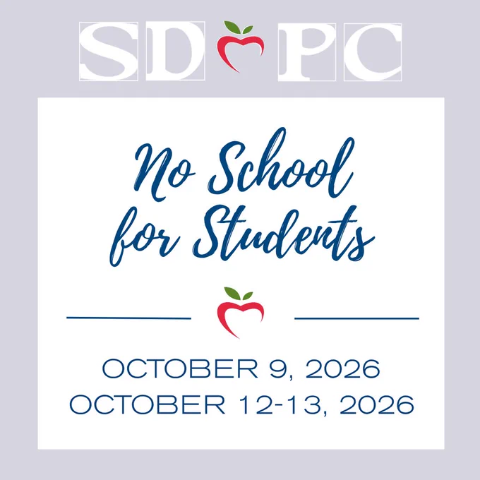 Graphic announcing no school for SDPC students on October 9 and October 12–13, 2026.