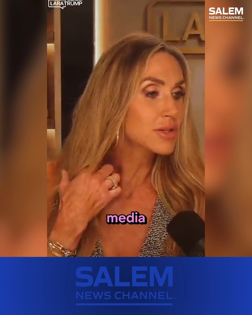 A blonde woman being interviewed, with 'LARA TRUMP' displayed in a speech bubble, the 'SALEM NEWS CHANNEL' logo, and the word 'media' overlaid on the image.