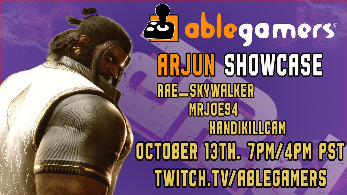 mrjoe94's tweet photo. Good Evening, Twitter! I am very honoured to announce that @AbleGamers has invited me and some friends to invade their Twitch channel to showcase the latest Street Fighter 6 character, Arjun, on his release day, October 13th! #ablegamers #Streetfighter６ #Streetfighter #SF6_Arjun https://t.co/3mwb2VwPot