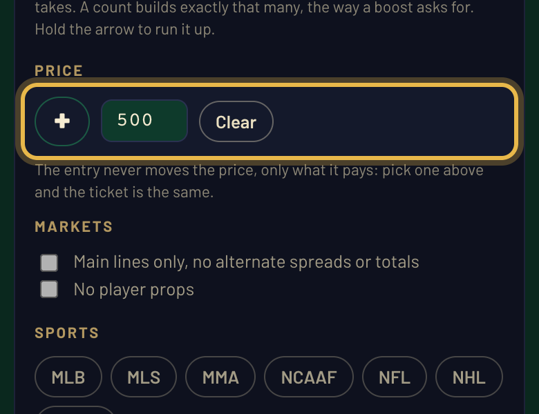 parlottoapp's tweet photo. Tip: on the Ladder you can type a price instead of a prize. Type 500 and you get the ticket whose odds land nearest +500. The entry only changes what it pays. https://t.co/d5cm2oZAap