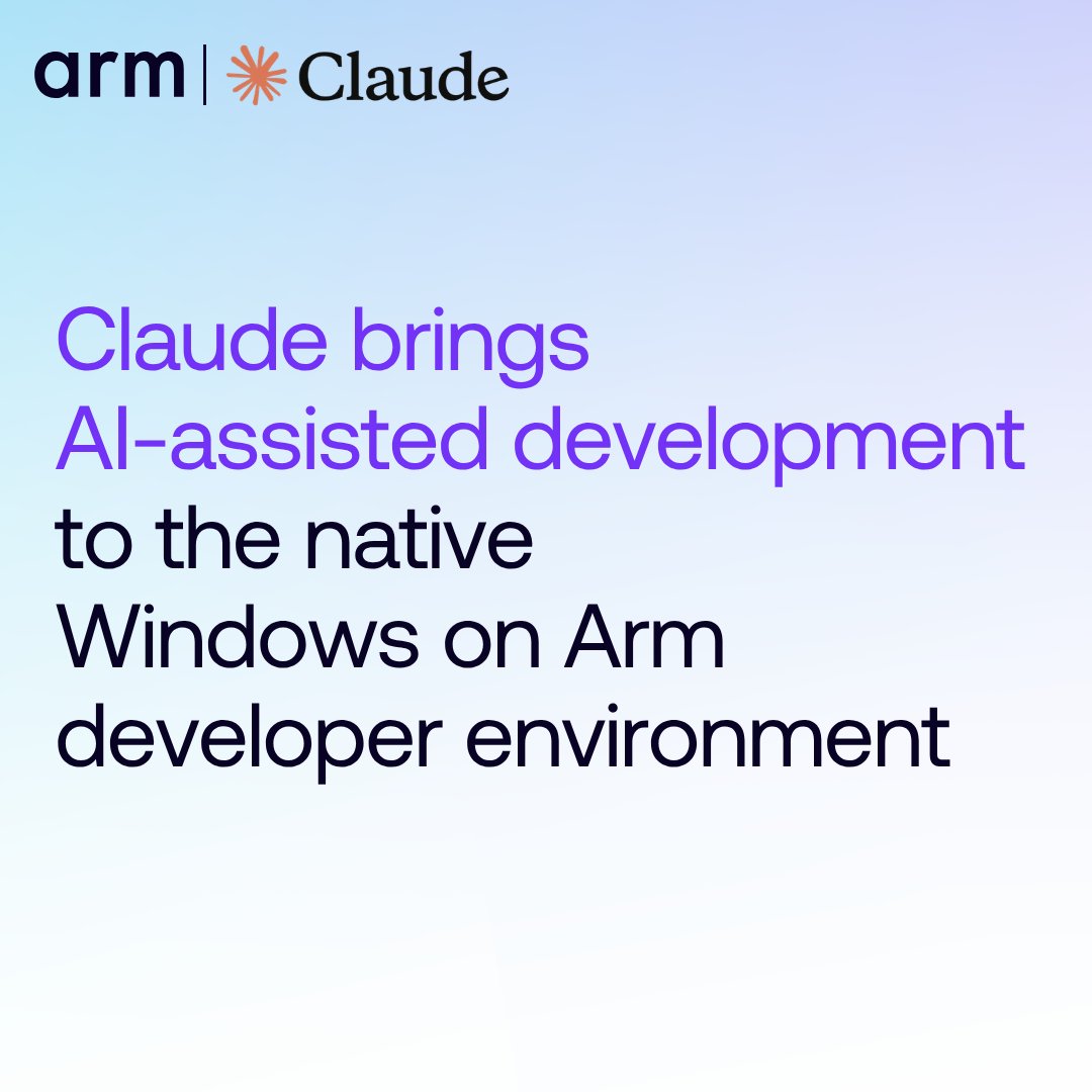 ArmSoftwareDev's tweet photo. @Claudeai is now part of the native Windows on Arm developer environment. 🎉
 
Developers can build, test, and investigate applications in the target Arm64 environment, with Claude Code for desktop or CLI supporting workflows from planning and implementation to testing and code review.
 
Take a closer look 👀:  https://t.co/J2CaqUFvDL