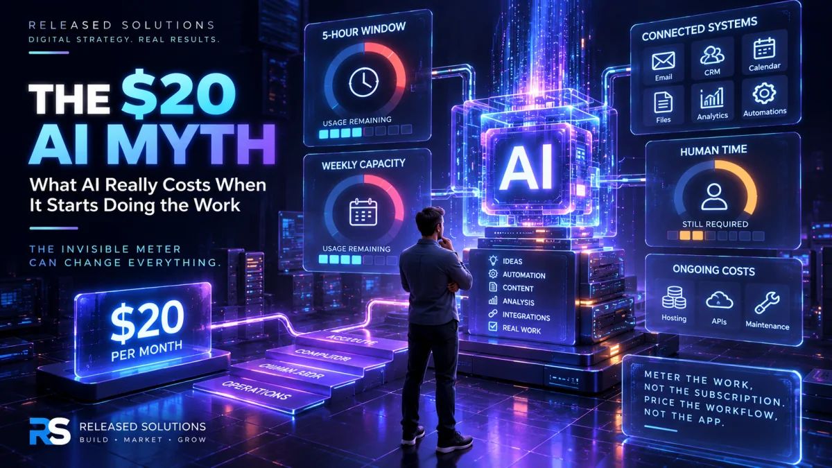 mydevopsguy's tweet photo. 🤖 The $20 AI subscription is only the easiest number to see.

AI starts out feeling like ordinary software. You pay a monthly fee, open the application, and start working.

But the economics begin to change when AI moves beyond answering questions and starts doing real work inside a business.

Now there can be another meter running:

⏱️ AI work capacity and usage limits
👥 Human setup, review, and supervision
⚙️ Integrations and connected systems
🔧 Maintenance and troubleshooting
💰 Ongoing operational costs

This is especially important as businesses move into AI coworkers, agents, automation, and vibe coding.

AI can make software remarkably cheap to create. That does not necessarily make software cheap to own.

The question for a business owner should not simply be, “What does the AI subscription cost?”

A better question is:

“What does this AI workflow actually cost my business, and what measurable value are we getting back?”

In our latest Released Solutions article, I break down what I call The Invisible AI Meter and a practical framework for evaluating the real cost of AI.

📊 Meter the work, not the subscription.
⚙️ Price the workflow, not the app.
💰 Cheap AI isn't the goal. Profitable AI is.

Read the full article:
https://t.co/rSAHxVAhVN

#ArtificialIntelligence #AIForBusiness #SmallBusiness #BusinessAutomation #DigitalStrategy #VibeCoding #ReleasedSolutions