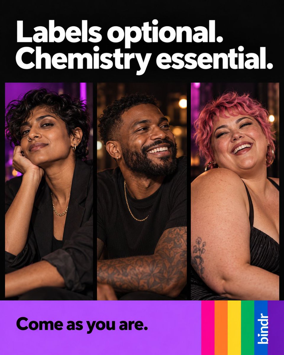 bindrdating's tweet photo. Keep the labels that feel right. Leave the ones that don't. Bring yourself—and see where the chemistry goes. 💜 Find your next connection on Bindr. https://t.co/f2qdkUoxlH