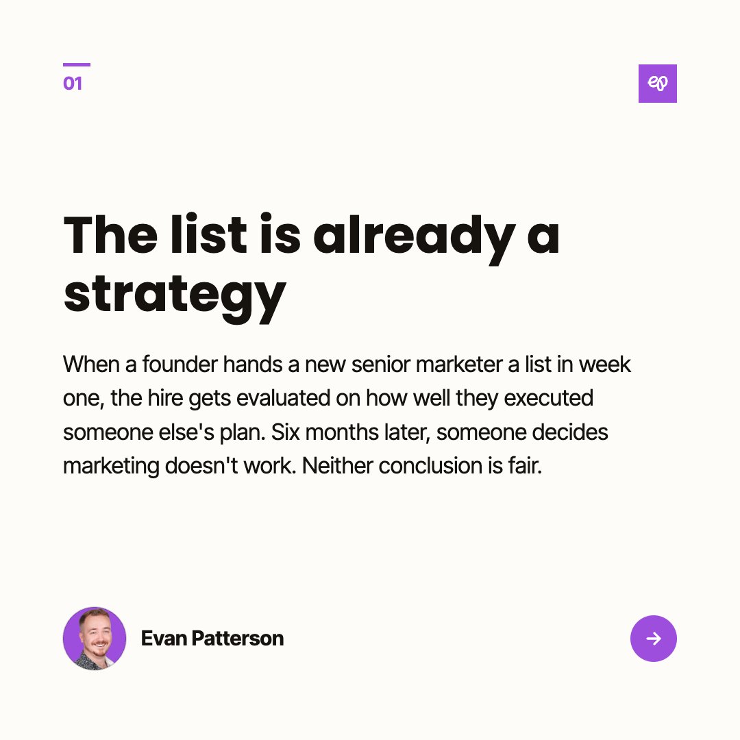 evanmpatterson's tweet photo. Handing a senior marketing hire a to-do list in week one tells you how the next six months will go.

Give them two weeks with no list. Let them talk to customers, read sales calls, come back with what they'd change.

If it matches your list, great. It usually won't. https://t.co/encysvrcWw