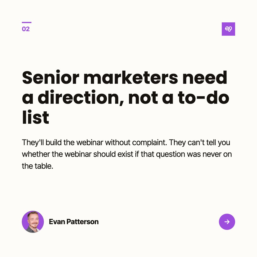 evanmpatterson's tweet photo. Handing a senior marketing hire a to-do list in week one tells you how the next six months will go.

Give them two weeks with no list. Let them talk to customers, read sales calls, come back with what they'd change.

If it matches your list, great. It usually won't. https://t.co/encysvrcWw