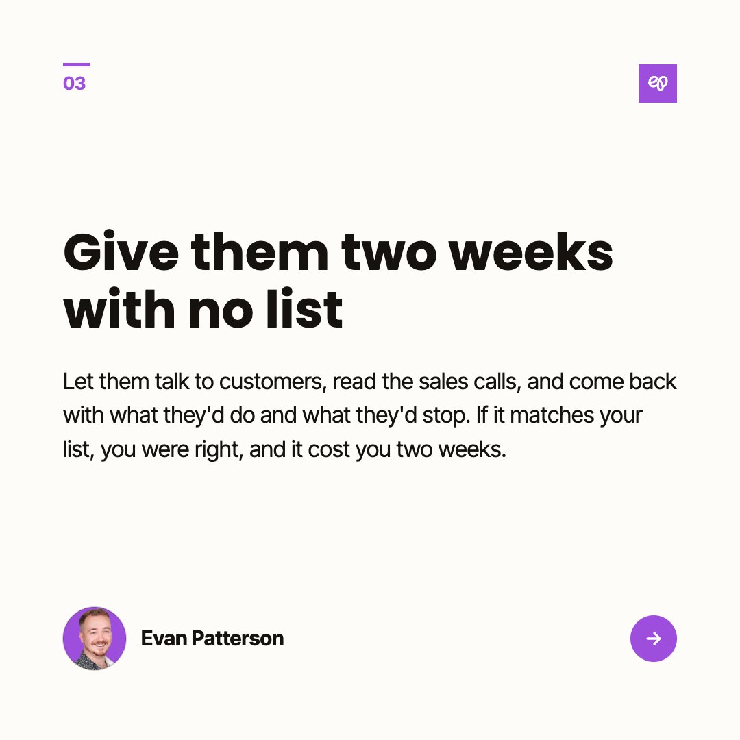 evanmpatterson's tweet photo. Handing a senior marketing hire a to-do list in week one tells you how the next six months will go.

Give them two weeks with no list. Let them talk to customers, read sales calls, come back with what they'd change.

If it matches your list, great. It usually won't. https://t.co/encysvrcWw