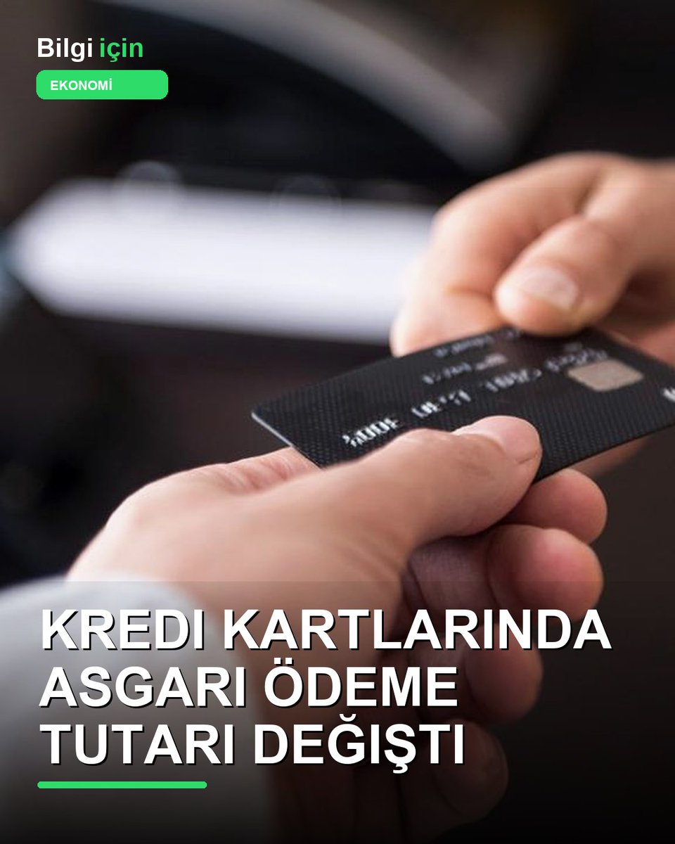 bilgiic1n's tweet photo. Kredi kartlarında asgari ödeme tutarı değişti

🔴 TRT Haber, kredi kartlarında asgari ödeme tutarının değiştiğini bildirdi. Kaynak metninde, düzenlemenin BDDK tarafından yapıldığı ve kredi kartı asgari ödemeleriyle ilgili olduğu belirtildi.

#Bilgiİçin #Ekonomi https://t.co/SIlKO3iOkf