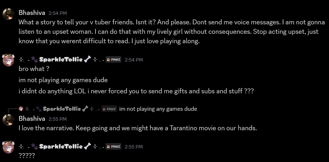 SparkleTollie's tweet photo. WEIRDO ALERT ON TWITCH !!! 

Don't be this guy who spends thousands on vtubers, talks terrible about his girlfriend in chats, and acts crazy when drunk. I regret becoming friends with this guy-

I've seen him in all my friends chats and im setting out a big warning to just ban him and dont let him gift you subs, throne gifts, etc. because this behavior is insane.

I legit asked him if he was okay cause he was acting insanely aggressive and rude in my chat today, and he reacted THIS way
