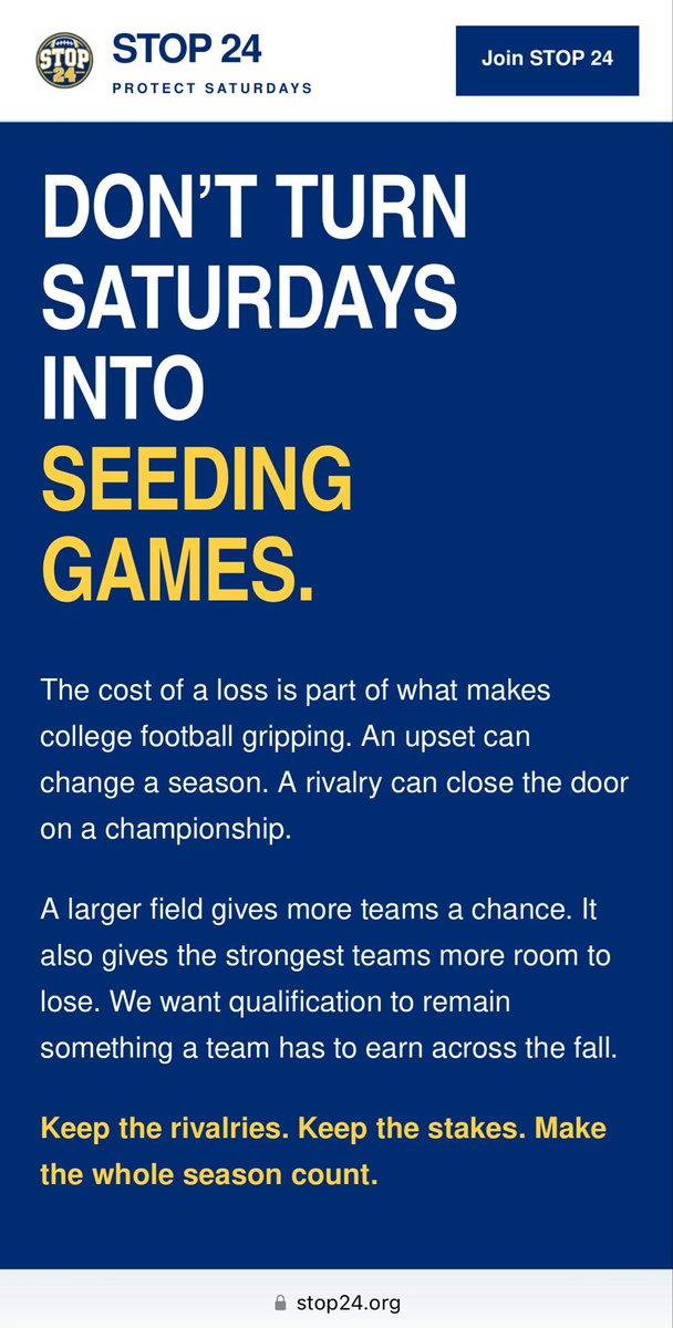 GrahamCoffeyDC's tweet photo. A fan led group called Stop24 has launched a website citing academic papers, tv ratings and more to lobby against expansion of the CFP field

It asks to “Keep Saturdays consequential” and shows that 30 of 40 teams ranked 17-24 from 2021-2025 had 3 losses

https://t.co/vOUBtqbcV8 https://t.co/N2TxlWMosP