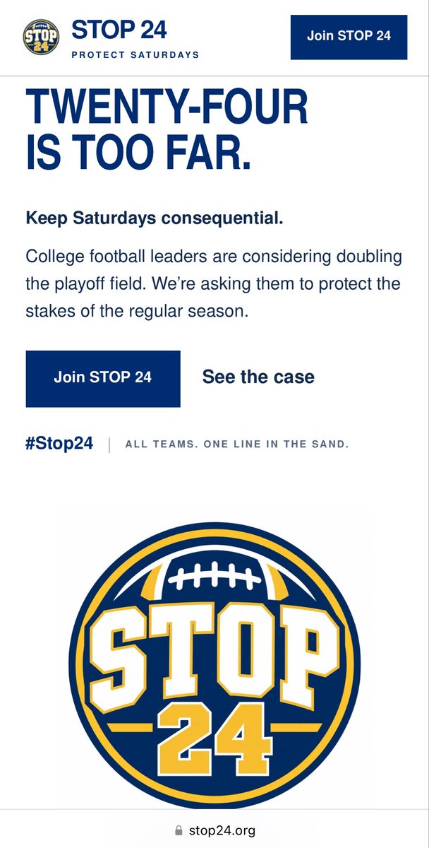 GrahamCoffeyDC's tweet photo. A fan led group called Stop24 has launched a website citing academic papers, tv ratings and more to lobby against expansion of the CFP field

It asks to “Keep Saturdays consequential” and shows that 30 of 40 teams ranked 17-24 from 2021-2025 had 3 losses

https://t.co/vOUBtqbcV8 https://t.co/N2TxlWMosP