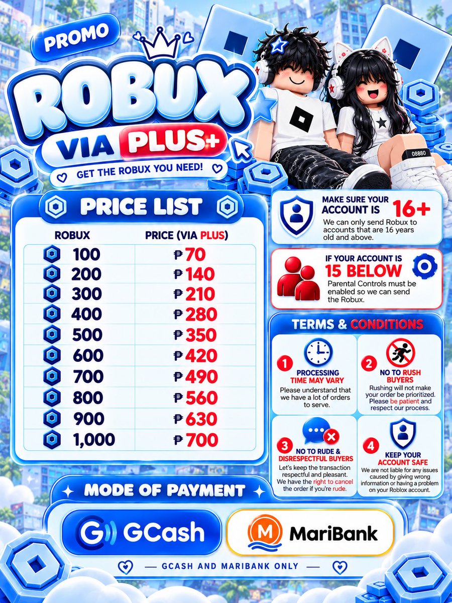 rbxthyee's tweet photo. —•💙 wts lfb robux via plus+
₱70/100 robux

vouches on my FB page: check link on my profile https://t.co/Jdb7UJ4Wnw