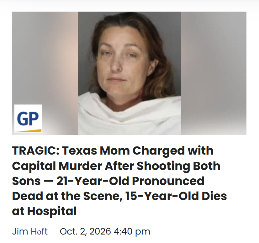 AwakenedOutlaw's tweet photo. Banner year, ladies.  Y'all are outdoing yourselves.
_____
TRAGIC: Texas Mom Charged with Capital Murder After Shooting Both Sons — 21-Year-Old Pronounced Dead at the Scene, 15-Year-Old Dies at Hospital https://t.co/hawCAckaQ2