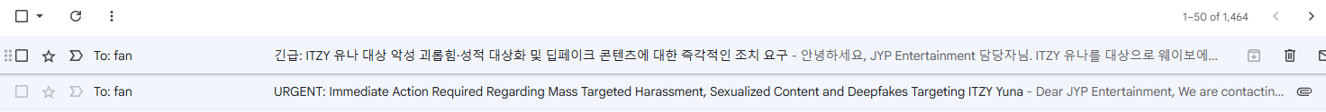 A screenshot of an email inbox showing a message titled 'URGENT: Immediate Action Required Regarding Mass Targeted Harassment, Sexualized Content and Deepfakes Targeting ITZY Yuna - Dear JYP Entertainment'.