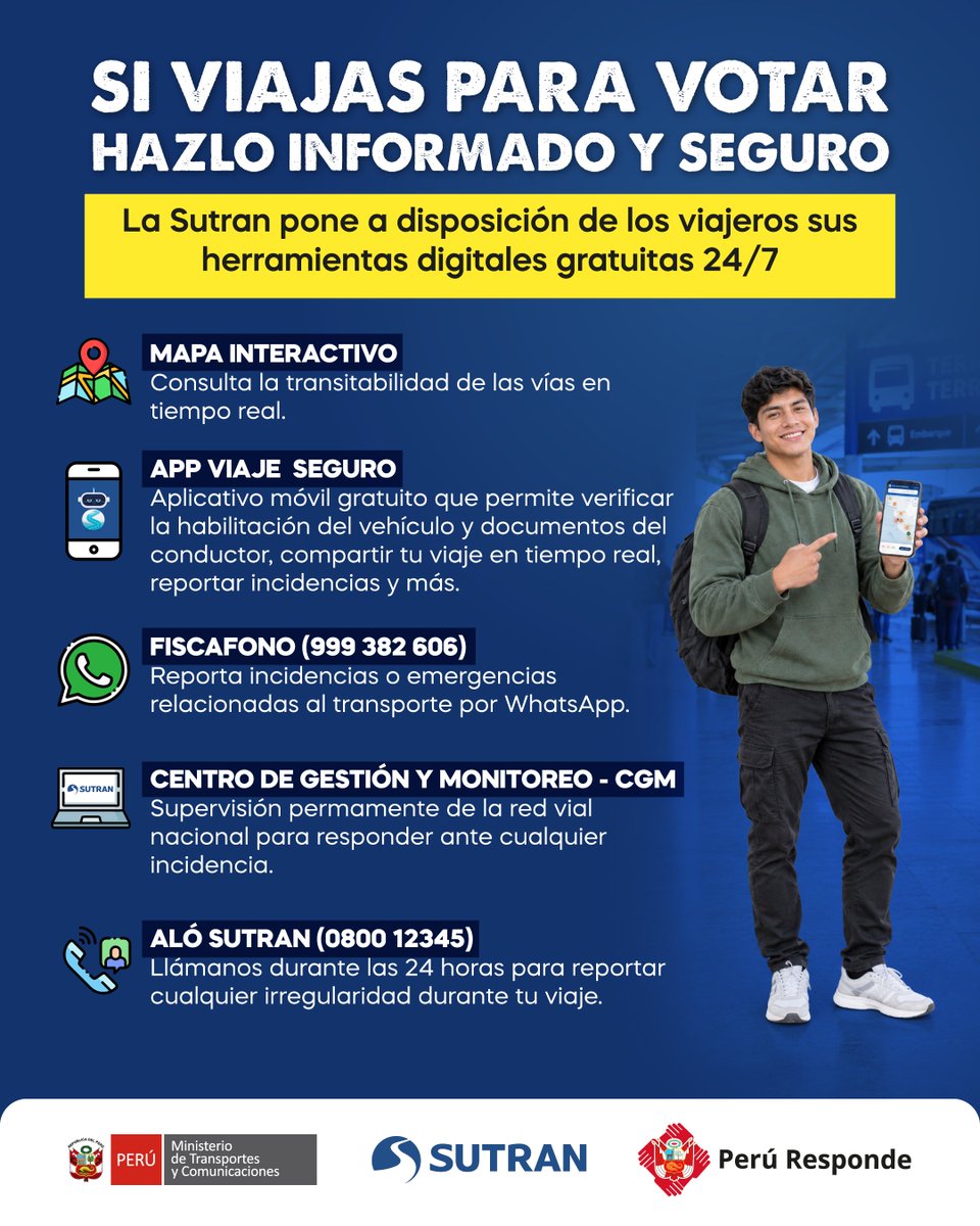 sutranperu's tweet photo. 🗳️ ¿Vas a viajar para votar? Ten esto a la mano.
La Sutran cuenta con herramientas gratuitas para ayudarte a revisar tu ruta, verificar tu servicio y reportar cualquier incidencia durante el viaje.

🗺️El Mapa Interactivo de Alertas: https://t.co/4HT4ue7lO4
Tenlas a la mano https://t.co/QLwIR0LnnW