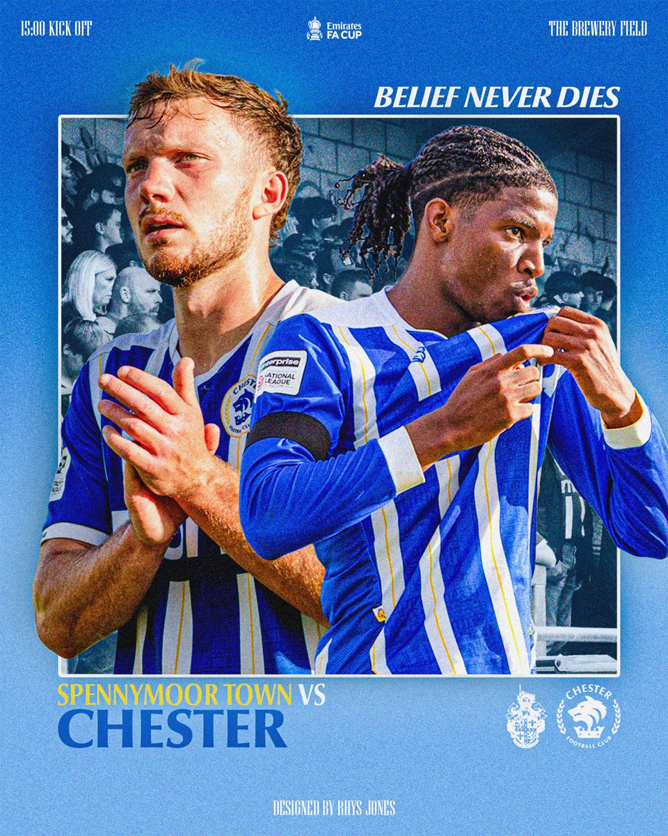 ChesterFC's tweet photo. FA Cup Seals! 🏆

🆚 Spennymoor Town (A)
⌚️ 15:00 kick-off
📻 https://t.co/nu22tZ7y54

#BeliefNeverDies 💙 https://t.co/fDHpqh3fEj