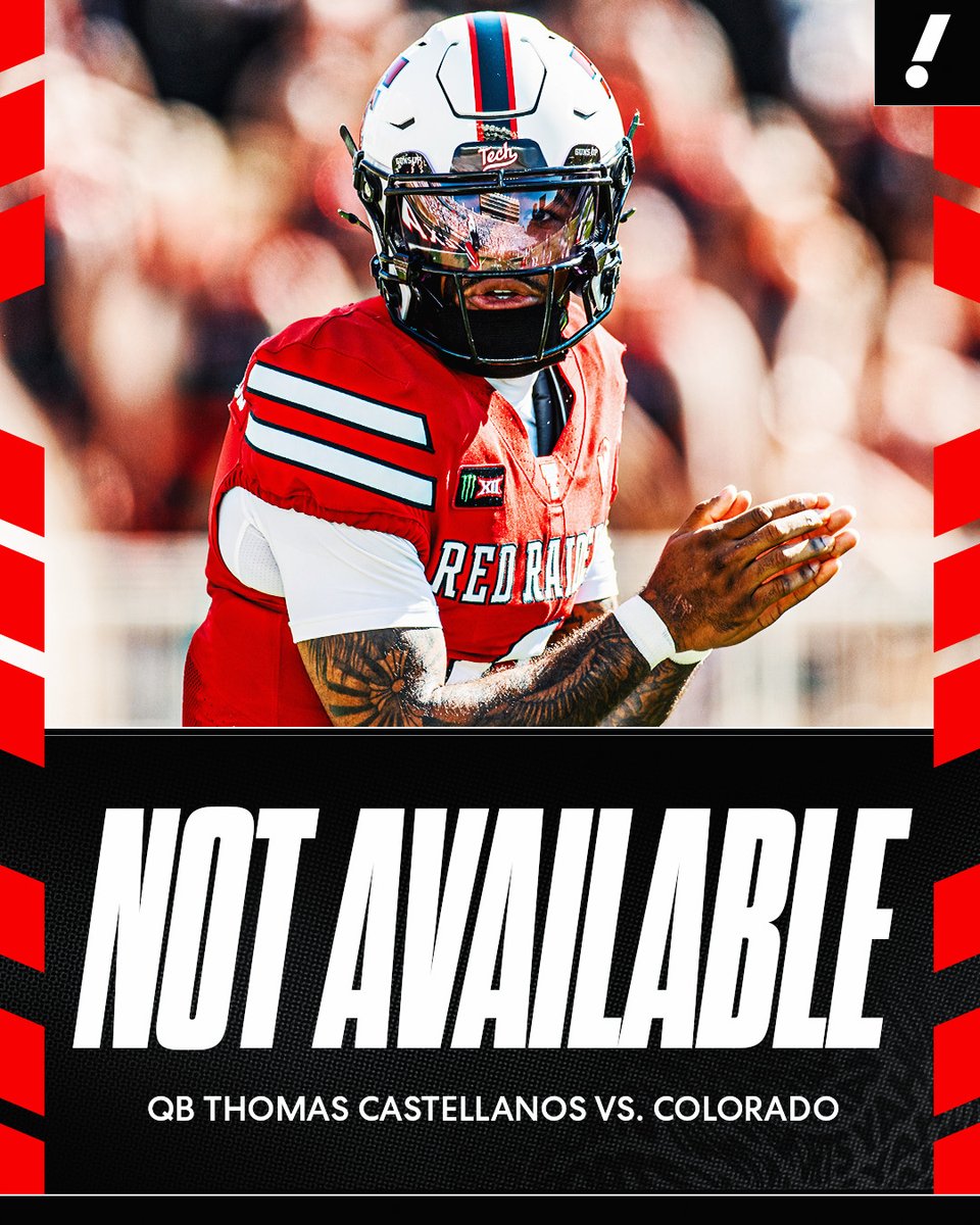 YahooSports's tweet photo. Texas Tech backup QB Thomas Castellanos will not play Saturday vs. Colorado, the school announced.

Castellanos had been playing under a temporary restraining order in Kentucky that was overturned Friday, with the school evaluating options for the rest of the season. https://t.co/CzROAC4TG5