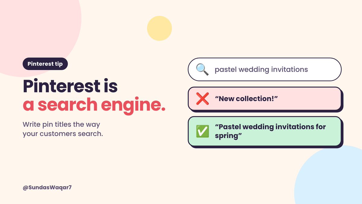 SundasWaqar7's tweet photo. Pinterest isn't social media. It's a search engine 🔍

People go there to plan what to buy, wear or book.

So write your pins like searches:
❌ "New collection!"
✅ "Pastel wedding invitations for spring"

#PinterestMarketing #PinterestTips #SmallBusiness https://t.co/jzHHSZKrYr
