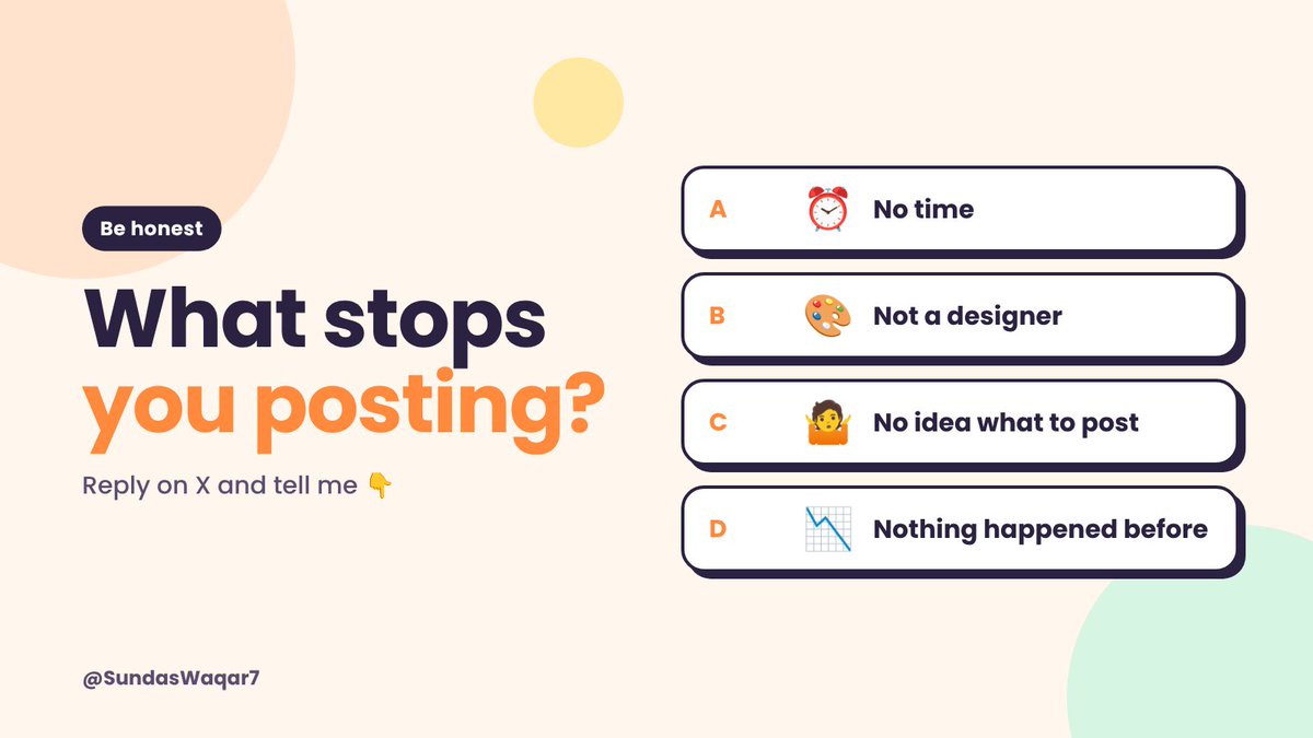 SundasWaqar7's tweet photo. Small business owners, quick question 🙋‍♀️

What stops you from posting regularly?

⏰ No time
🎨 Not a designer
🤷 No idea what to post
📉 Posted before, nothing happened

Reply with yours 👇

#SmallBusiness #Entrepreneur #SocialMedia https://t.co/BVprEFEMOm