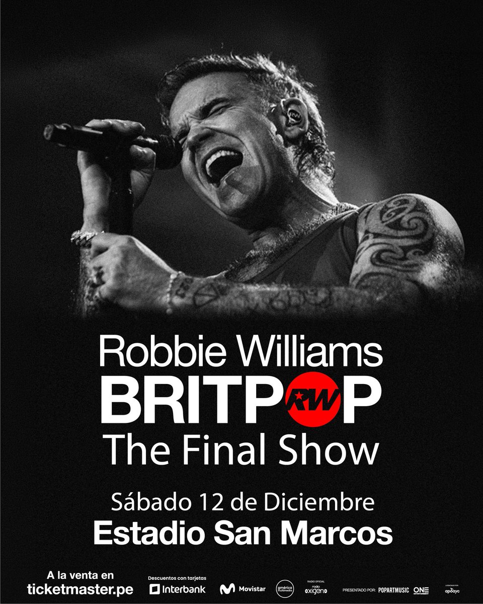 conciertosperu's tweet photo. Robbie Williams regresa a Perú con su BRITPOP THE FINAL SHOW 🇬🇧

📍 Estadio San Marcos
📆 12 de diciembre

🚨Nuevas localidades disponibles por ampliación del aforo (Solo tribunas)

🎟️ Preventa Interbank el martes 6 de octubre
🎫 Venta general disponible el jueves 08 de octubre https://t.co/2wU2O3GRKV