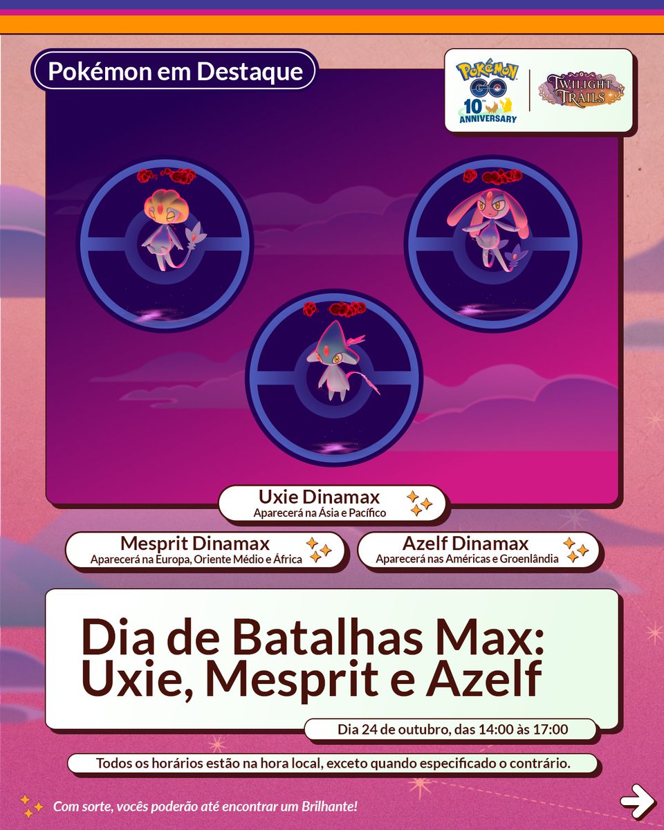 PokemonGOptBR's tweet photo. Uxie, Mesprit e Azelf estrearão sua forma Dinamax no Pokémon GO em Batalhas Max de Cinco Estrelas.

Sábado, 24 de outubro de 2026, das 14:00 às 17:00

https://t.co/jWKc85oKKE https://t.co/Qp0I4NBtZq