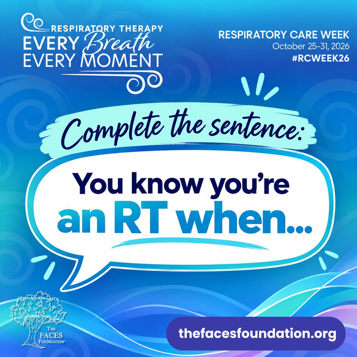 TheFACESFound's tweet photo. 🫁 You know you’re an RT when… 👀
Complete the sentence in the comments! 😄
What’s something only another respiratory therapist would understand?
#RCWEEK26 #RespiratoryTherapy #RTLife @aarc_tweets https://t.co/ix2yDf9z7J