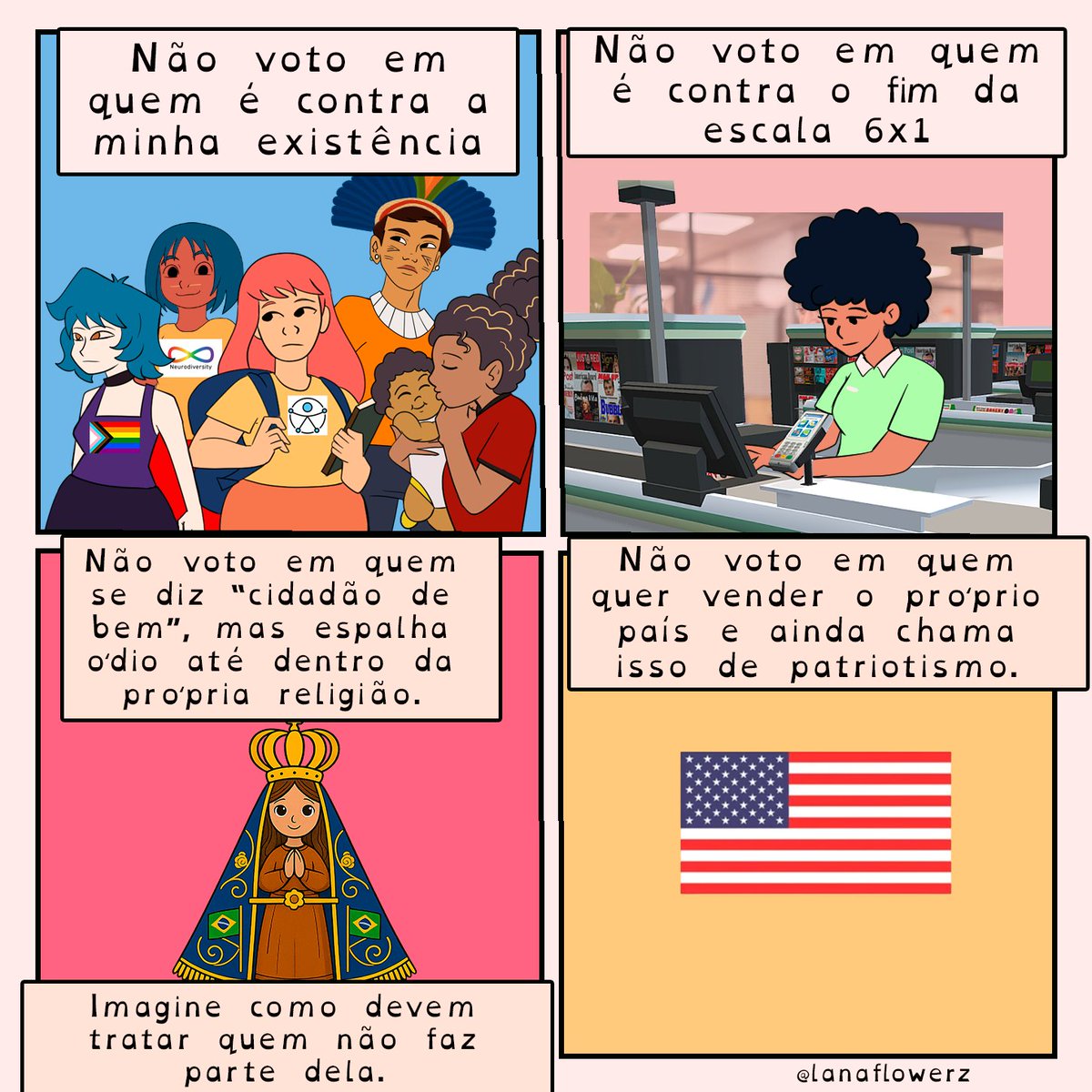 lanaflowerz's tweet photo. Não voto em quem é contra a minha existência

Não voto em quem é contra Ο fim da escala 6x1

Não voto em quem se diz "cidadão de bem", mas espalha  ódio até dentro da própria religião.

Não voto em quem quer vender o próprio país e ainda chama isso de patriotismo. https://t.co/N9eNIjXs9e