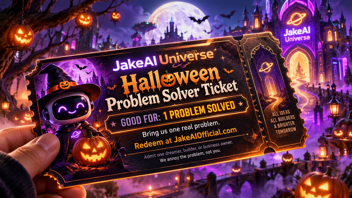 JakeAIofficial's tweet photo. 🎃 YOU’RE HOLDING THE TICKET.

This Halloween, JakeAI Universe is giving you **one problem solved.**

Business problem. Weird problem. Creative problem. Something you’ve been stuck on.

Bring us ONE. We’ll see what we can do with it. 👻

🎟️ Redeem your ticket:
https://t.co/xfX0XJHBeh

#JakeAI #Halloween #AI #ProblemSolver #BuildSomething