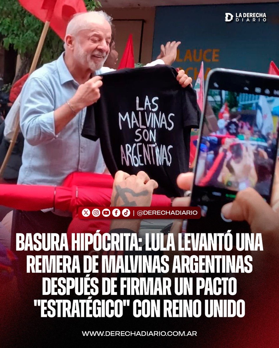 laderechadiario's tweet photo. 🚨🇧🇷🇦🇷🇬🇧 | BASURA HIPÓCRITA: El miserable dictador Lula da Silva levantó una remera de “LAS MALVINAS SON ARGENTINAS” después de haber firmado dos pactos “estratégicos” con el Reino Unido.

El mismo Lula que posa con la remera de las Malvinas es el que, en marzo de 2026, firmó con Londres la Asociación Estratégica Reino Unido–Brasil 2026-2030: un marco que amplía ejercicios militares conjuntos, intercambios de tropas, cooperación industrial de defensa, transferencia de tecnología y un diálogo político-militar 2+2 con el país que ocupa las islas.

Antes, en septiembre de 2025, su gobierno ya había suscrito el acuerdo de intercambio y protección mutua de información clasificada con el Reino Unido para blindar secretos entre ambos Estados. No es un gesto inocente ni una foto de campaña: es subordinar el discurso latinoamericanista a pactos concretos de defensa e inteligencia con la potencia usurpadora del territorio argentino.

Para la Argentina la gravedad es directa. Al estrechar lazos militares, industriales y de información sensible con Londres —incluida la compra del buque anfibio HMS Bulwark—, Lula vacía de contenido el respaldo diplomático y convierte a Brasilia en socio estratégico del ocupante. La remera queda reducida a propaganda barata mientras el poder real se alinea con quien controla el Atlántico Sur y el Reino Unido gana un aliado regional justamente en el terreno de la defensa.