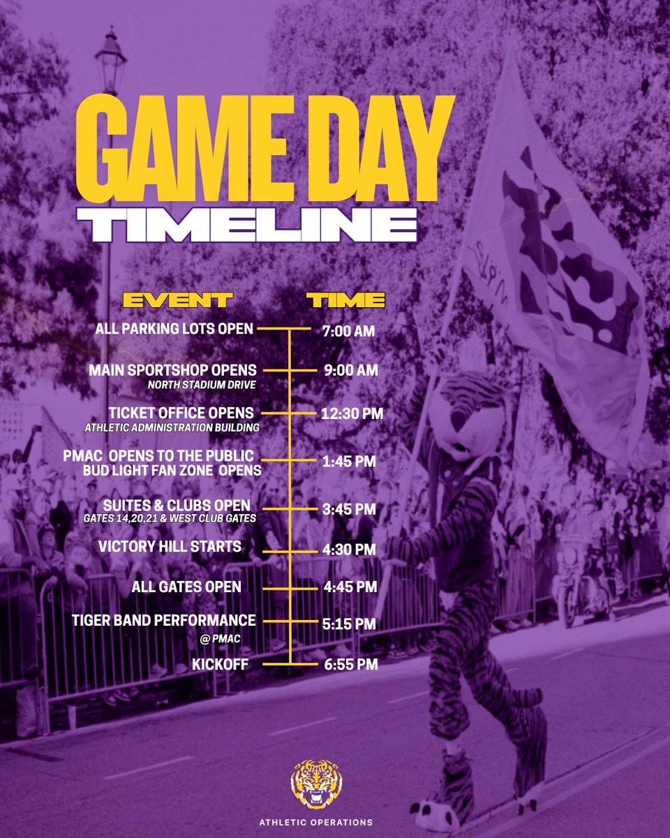 LSUgameops's tweet photo. Game day is almost here in Death Valley!
Check out the timeline for all of tomorrow's key events and important times of interest.🐅 https://t.co/Ie2bGNjYB7