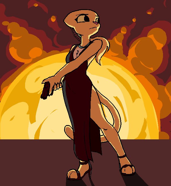 PrequelComic's tweet photo. Let's end Rajirra In Lovely Dresses week with SPYJIRRA. She is apathetic to the explosion behind her because she is cool and knows the rules.

Also, I uploaded another page! About two weeks left until we're caught up. I'll probably end preorders then, too: https://t.co/ElGeNnvb3u https://t.co/8Be9UI33VS