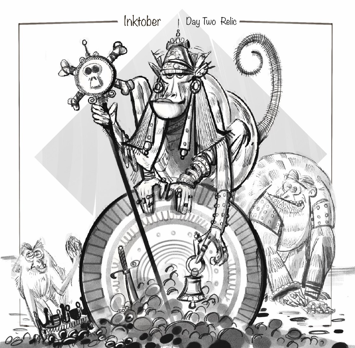 Maybod9's tweet photo. A small tribe of monkeys with a special fascination for ancient objects and relics.

Monkeyyyyyys are Kinda fun :)

INKTOBER 2026 - DAY 02 - Relic

#Inktober2026 #Inktober #Relic #CharacterDesign #ConceptArt https://t.co/W76761f9GB