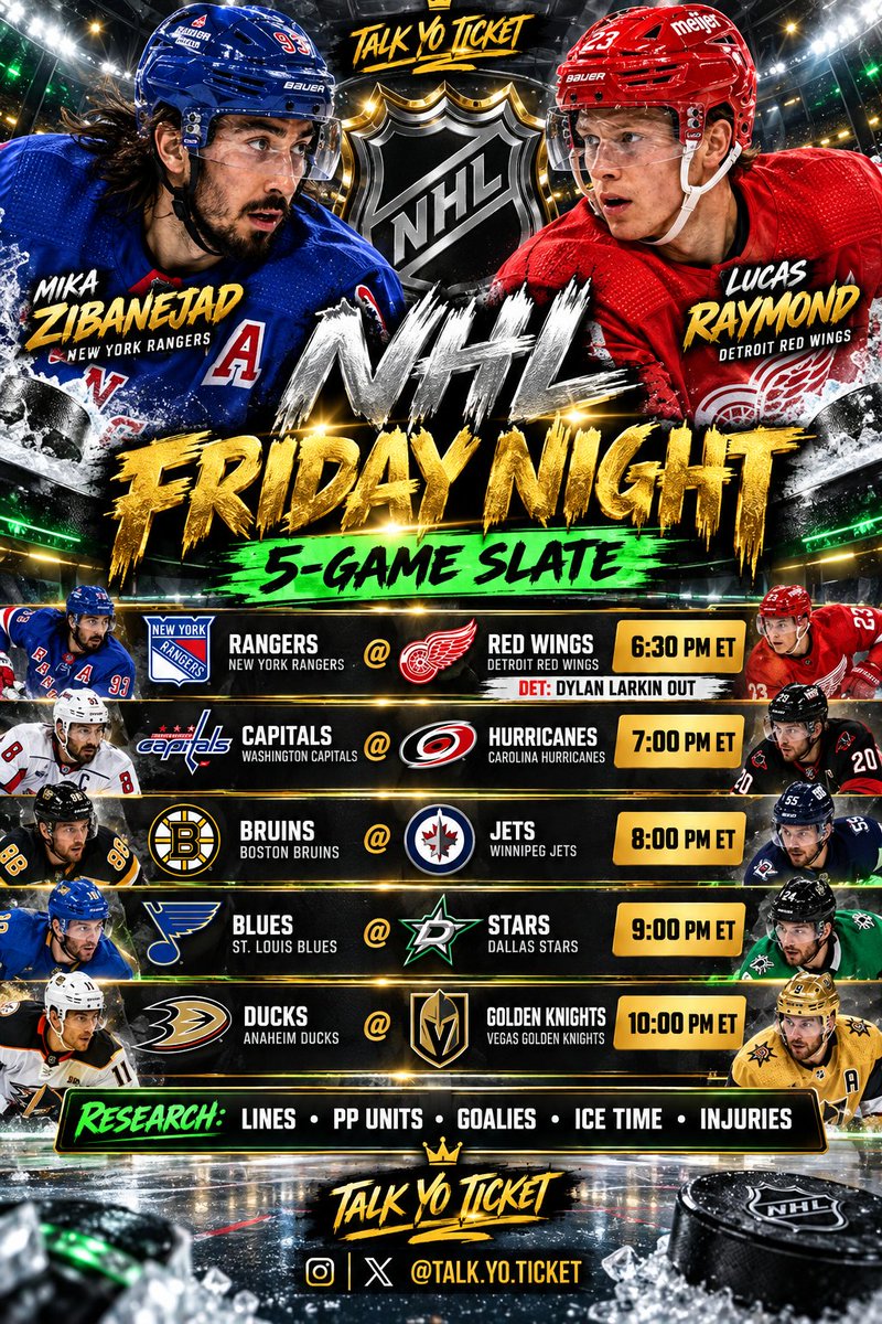 Talk_Yo_Ticket's tweet photo. HOCKEY OWNS FRIDAY NIGHT. 🏒🔥

5-game slate.

Opening week means: VERIFY EVERYTHING.

Lines • PP units • goalies • ice time • injuries

New season. New roles. New information.

DON’T BET LAST YEAR’S ROLE.

#TalkYoTicket #NHL https://t.co/Yckwx76ks6