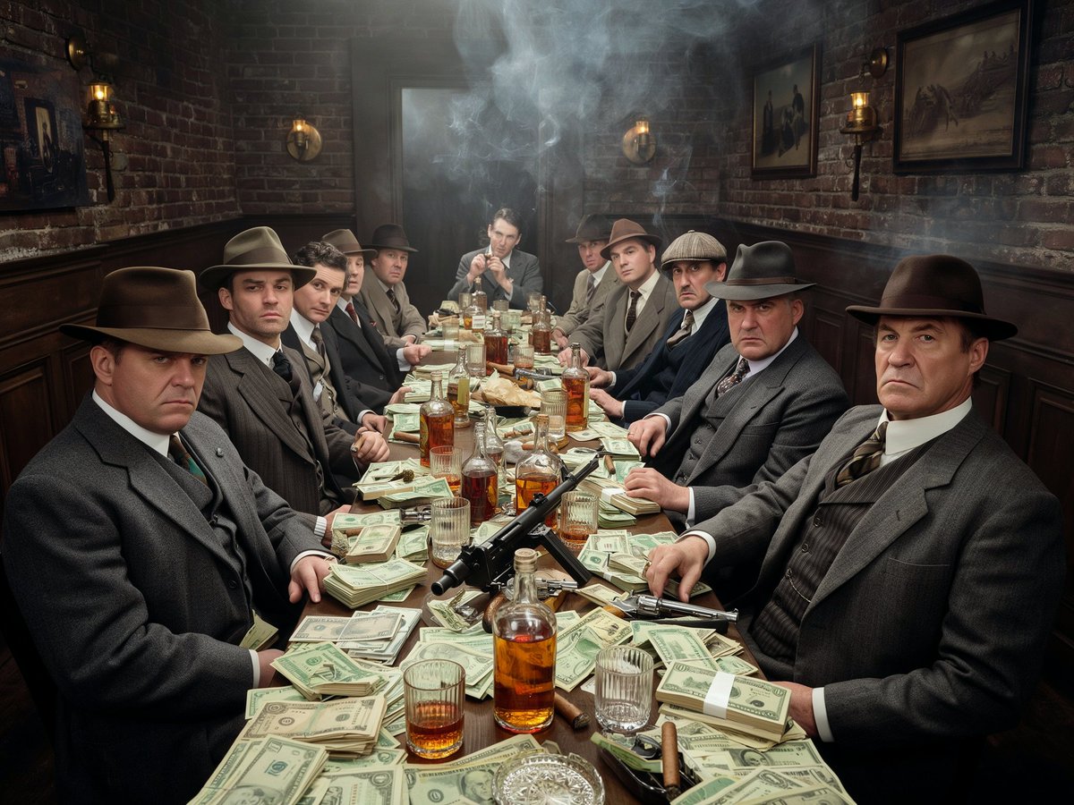 vampipe's tweet photo. Unos son unos mafiosos del crimen organizado planeando fechorías, los otros son una ilustración del cliché de los gángsters de los años 20s hecha con IA. https://t.co/0iHcCoar9O