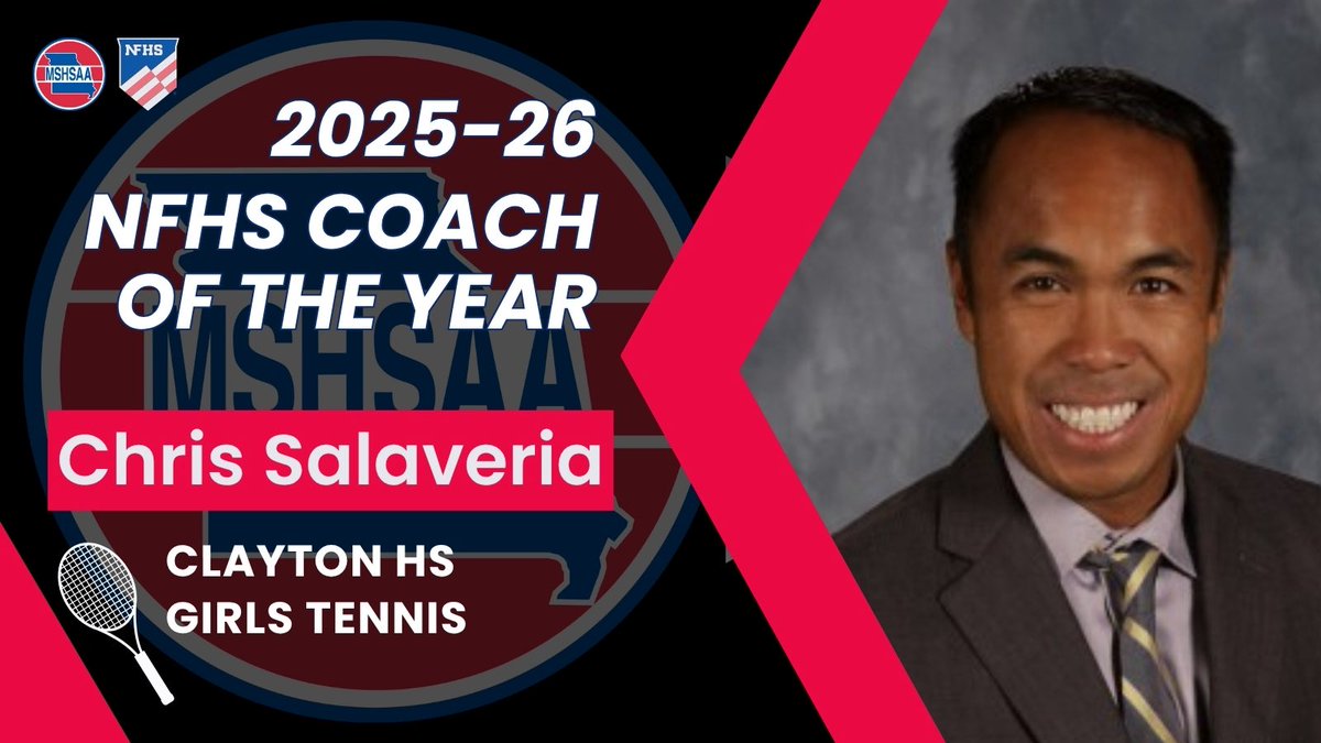 MSHSAAOrg's tweet photo. MSHSAA presents the 2025-26 NFHS MSHSAA Girls Tennis Coach of the Year award to Chris Salaveria from Clayton High School! 🎾#MOmentum #MSHSAAccomplished https://t.co/x2Y3KXo9d9