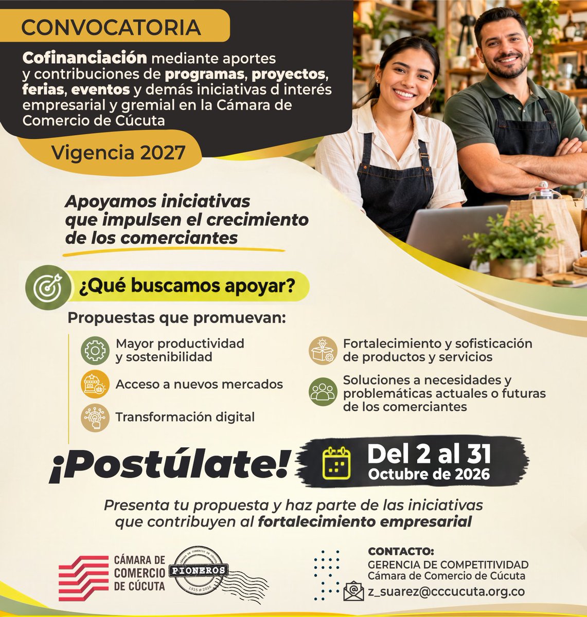 cccucuta's tweet photo. ¿Tienes una iniciativa que promueva la productividad, la transformación digital o la sostenibilidad de los comerciantes? ¡Esta es tu oportunidad!💡

La Vigencia 2027 de la Cofinanciación está buscando propuestas como la tuya para fortalecer el ecosistema empresarial de la región. https://t.co/gR2viS2mRz