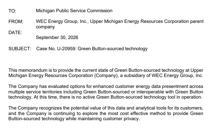 mission_data's tweet photo. WEC in Michigan is going to keep submitting these empty filings about Green Button unless and until the PSC gives a deadline for compliance. Orders without deadlines are meaningless. https://t.co/1bSouambLx