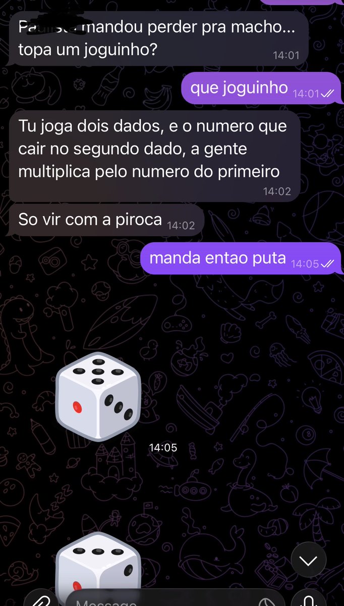 ChefaodasPutas's tweet photo. alguma cadela querendo fazer o jogo do dado no telegram? eh simples eu jogo dois dados e o valor multiplica e tu paga oq deu. Dessa vez pode dar ruim ate pra mim caso eu tire 1 por exemplo, mas eh da hora puta!!! 

Bora fazer uns jogos pra tu começar a noite perdendo grana 🤑🤑 https://t.co/J0XokjBzbK