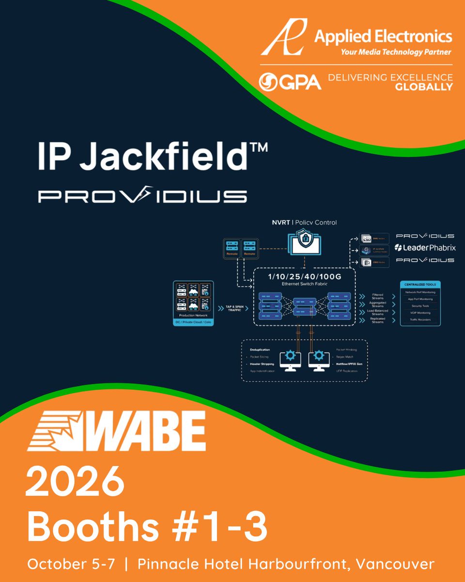 Applied_tweets's tweet photo. 🔎 Bringing a new approach to IP network visibility at WABE 2026!

#WABE2026 #Providius #IPJackfield #SMPTEST2110 #IPBroadcast #BroadcastTechnology #Broadcast #MediaProduction #AppliedElectronics https://t.co/rFThnwzx5H