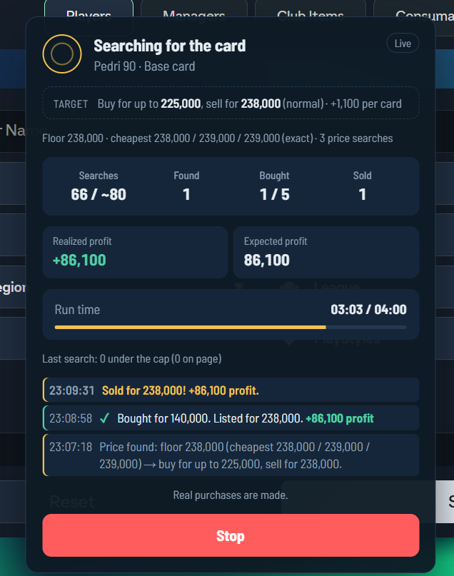 EasySnipeFut's tweet photo. Pedri 90 🎯

140.000'e alındı, 238.000'e satıldı.
Vergi sonrası net +86.100 coin, tek kartta.

Fiyat tespiti, alım ve listeleme tamamen otomatik.

Easy Snipe FUT Discord👇
[https://t.co/L7f791qBZS]

#FUT #EAFC #UltimateTeam https://t.co/nDLjrcIMgM